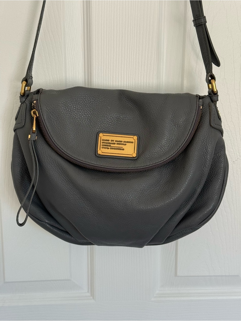 Marc Jacobs Gray Pebbled Crossbody with Gold Plaque Accent